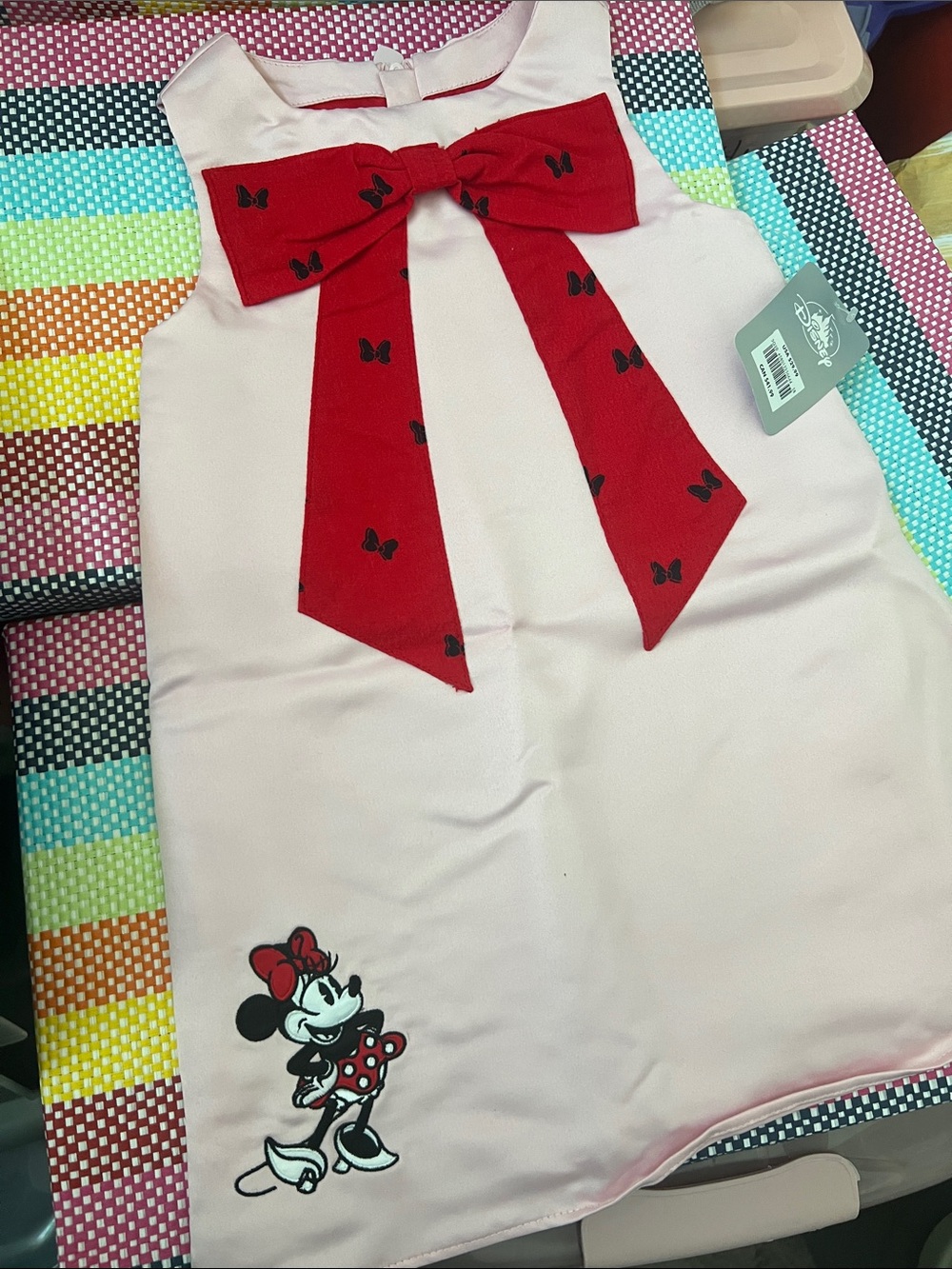 Disney Pink satin Dress with Red Bow and embroidered Minnie NWT